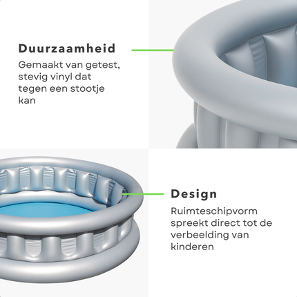 Cheqo® Opblaasbaar Kinderzwembad – Ruimteschip Design – Stevig Vinyl – Kinderbadje met Reparatiesticker – Speelzwembad – Waterpret – Duurzaam – Leegloopventiel – Vanaf 3 Jaar – Veilig Zwembad Kinderen