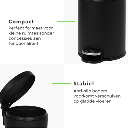 Cheqo® Pedaalemmer 3 Liter - Mat Zwarte Prullenbak - Anti-Slip Bodem - Uitneembare Binnenemmer - Metalen Pedaalemmer - Kunststof Elementen - Badkamer Prullenbak - Toilet Afvalemmer - Compacte Pedaalemmer - Hygiënische Afvaloplossing