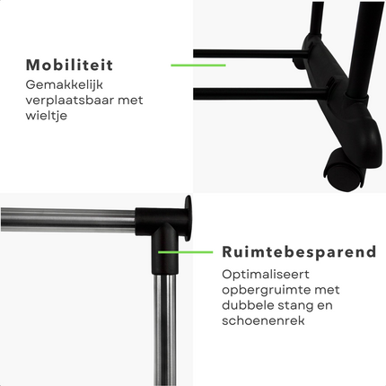 Cheqo® Verstelbaar Kledingrek op Wieltjes met Dubbele Stang en Extra Opslagruimte voor Studentenkamers - Mobiel Kledingrek met Schoenenrek - Ideaal voor T-shirts, Blousen, Jurken, Rokken, Broeken en Jeans - Maximaal Draagvermogen 20 kg Wonen