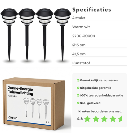 Cheqo® Solar Tuinverlichting - Solar Buitenlamp - Buitenlamp Zonne Energie - Solar Lamp Buiten - Solar Lampen Buiten - Solar Tuinlampen - Solar Priklampen - Solar Tuinverlichting Warm Wit - Zwarte Solar Buitenlamp - Solar Lampen Set 4