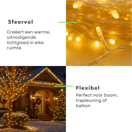 Cheqo® LED Verlichting - 240 LED Lampjes - Warm Wit - Lichtfuncties - Timer Functie - 18 Meter Lichtsnoer - Kerstboomverlichting Transparant Snoer - Binnen En Buiten - IP44 Adapter - Kerstverlichting - Lichtslinger - Sfeerverlichting - Kerstlampjes