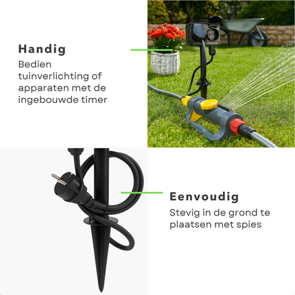 Cheqo® Tuinstekkerdoos Met Timer - 2 Stopcontacten - Zwart - Buitenstopcontact - Timerfunctie - Outdoor Gebruik - Elektrische Aansluiting - Tuinaccessoires - Ideaal voor Kerst