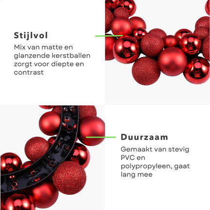 Cheqo® Kerstkrans voor Buiten en Binnen - Kerstkrans met Kerstballen - Rood 36 cm - Weersbestendige PVC Decoratie - Deurkrans met 55 Kerstballen