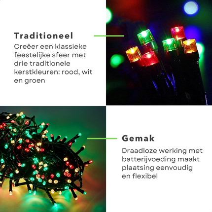 Cheqo® Kerstverlichting - Kerstboomverlichting - Kerstlampjes - 192 LED - 1.4M - Voor Binnen en Buiten - Timer - 3 Kleuren - 8 Lichtfuncties - Op Batterijen - Clusterverlichting - Sfeerverlichting - Feestverlichting - Rood - Groen Kerstboomverlichting