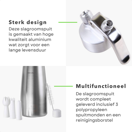 Cheqo Slagroomspuit 0.5 liter set met 3 spuitmondjes en schoonmaakborsteltje, aluminium design en veelzijdige functionaliteit