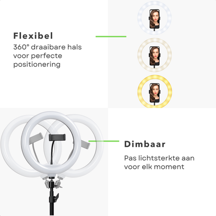 Cheqo® Ringlamp met Statief – Selfie Ringlight 12” – 120 LED Lampjes – TikTok Lamp – Dimbaar Licht – 3 Lichtstanden: Cool, Warm & Neutraal – 360° Draaibaar – USB – Universele Telefoonhouder – Vlog & YouTube Licht