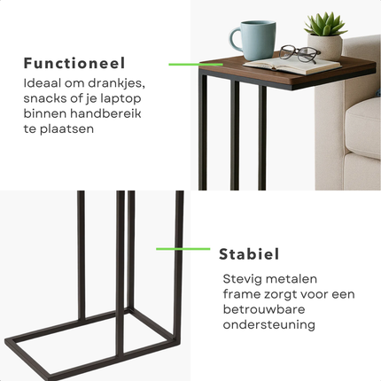 Cheqo® Bijzettafel Metaal En Hout - Banktafeltje - Zwart Metalen Frame - Bruin MDF Tafelblad - Makkelijk Aan De Bank Te Schuiven - Tafeltje - Industrieel Design - Bijzettafel Zwart En Bruin - Bijzettafel Woonkamer - Bijzettafel Modern