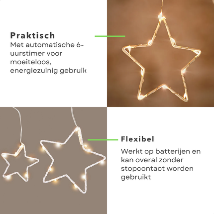 Cheqo® Lichtgordijn Kerststerren - Kerst Lichtgordijn - Licht Gordijn - Warm Wit Licht - 45 LED Lampjes - Automatische Timer - Kerst Ster Verlichting - Kerstverlichting Op Batterijen - Kerstlampjes - Kerstdecoratie - Kertster Verlichting