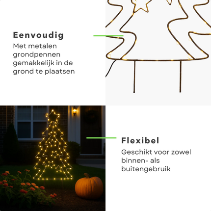 Cheqo® Tuinsteker Kerstboom - 90 LED Lampjes - Extra Warm Wit - Metalen Grondpennen - Werkt Op Batterijen - Automatische Timer - Binnen En Buiten - IP44 Beschermwaarde - Kerst Tuinversiering - Decoratieve Kerstboom - Zwarte Metalen Frame