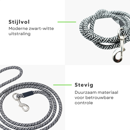 Cheqo® Hondenriem - Hondenlijn - Looplijn Hond - Honden Riem - Zwarte Hondenriem - Zwart Wit Hondenlijn - Zwart Witte Hondenriem - Gestreepte Hondenriem