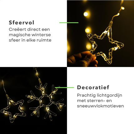 Cheqo® Kerstverlichting Lichtgordijn - Sterren En Sneeuwvlokken - 120x120 cm - Op Batterijen - Warm Wit Licht - 120 Micro LED - Automatische Timer - 8 Lichtfuncties - IP44 - Buiten En Binnen Gebruik - Kerstdecoratie - Lichtnet