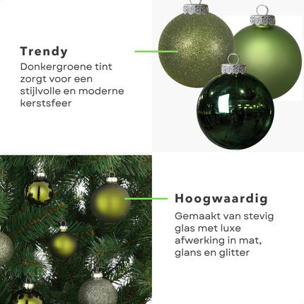 Cheqo® Donkergroene Glazen Kerstballen - Kerstboomversiering Donkergroen - Glans En Mat - Glitter Kerstballen - Kerstbal Set Van 42 Stuks - Verschillende Afmetingen - Rode Kerstballen - Kerstbal Rood