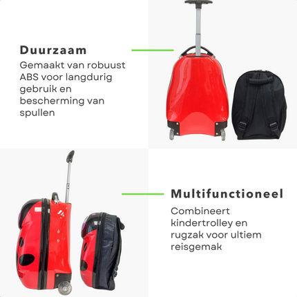 Cheqo kinder koffer en rugzak set met lieveheersbeestje design, duurzaam ABS materiaal en multifunctioneel voor kinderen.