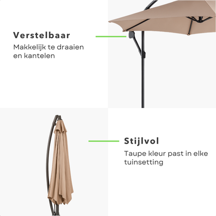 Cheqo® Zweefparasol 3M - Zweef Parasol Kantelbaar - Verstelbaar Stalen Frame - Inclusief Voet - Voor Tuin en Balkon - Taupe