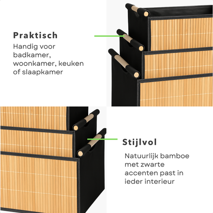 Cheqo® Bamboe Opbergmanden - Set Van 3 - Multifunctionele Manden - Badkamermanden - Stapelbare Manden - Houten Handvatten - Naturel En Zwart - Opbergdoos - Kastmanden - Bamboe Materiaal - Verschillende Formaten - Opbergoplossing