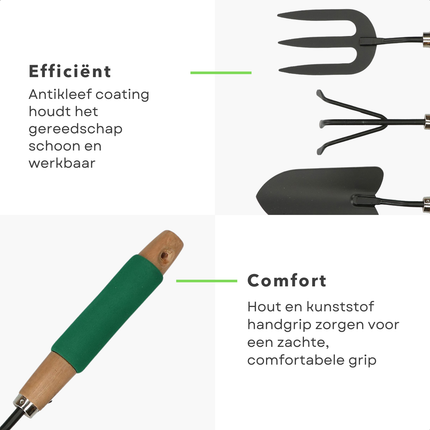 Cheqo® 3-Delige Tuingereedschap Set - Tuinhark - Spitvork - Schepje - Tuinieren Set - Tuinier Set met Korte Steel - Tuinierset - Antikleef Coating - Houten Handvat