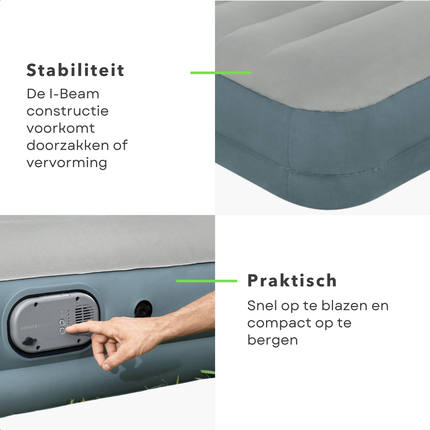 Cheqo® 2-Persoons Luchtbed 200x150cm – Opblaasmatras met Ingebouwde Pomp – Alwayzaire Technologie – Fortech Materiaal – I-Beam Constructie – Luchtbed met Kussen – Camping & Festival Logeerbed – USB-oplaadkabel – 350kg Draaggewicht