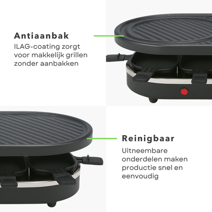 Cheqo® Raclette Grill 8 Personen - Compacte Raclette Grill - Stalen Grillplaat - Antiaanbaklaag - PFAS-Vrij - Gourmet - Gourmetten - Anti-Slip Voetjes - Houten Spatels - Eenvoudig Te Reinigen