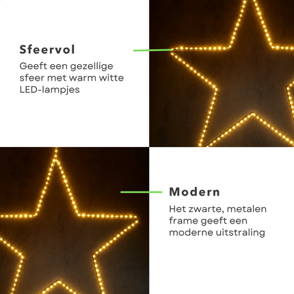 Cheqo® Ster Kerstverlichting - Kerstster - Warm Witte LED - Decoratieve Hangers - Zwarte Metalen Frame - Moderne Stijl - Kerstdecoratie Buiten - LED Lampjes Met Timer - 180 LED Lampjes - Adapter Inbegrepen - Tuinverlichting