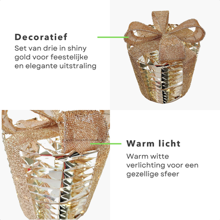 Cheqo® Kerstdecoratie Verlichting - Cadeau Set - Kerstverlichting - Kerst Figuur - Kerstlampjes - Kerstversiering - Gouden Cadeauset - LED Timer - Kunststof & Metaal