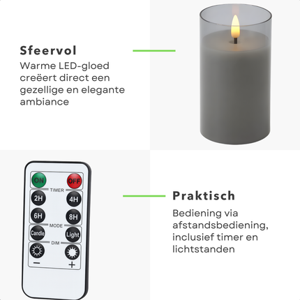 Cheqo® LED Kaarsen Set – Inclusief Afstandsbediening – Grijs Glasdesign – Werkt op Batterijen – Timerfunctie – Dimbare Verlichting – Twee Lichtstanden – Decoratieve Kaarsen – Elektrische Kaarsen - LED Kaars