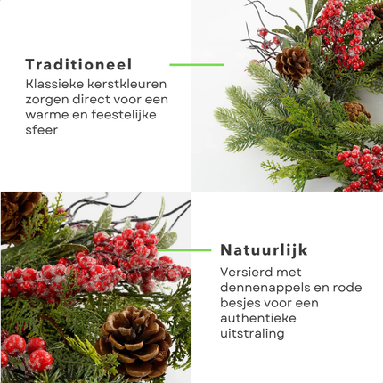 Cheqo® Kerstkrans Ø50 CM - Kerst Krans - Traditionele Kerstkleuren - Groene Dennennaaldjes - Rode Besjes - Bruine Dennenappels - Witte Sneeuw Afwerking - Licht Besneeuwd Effect - Eenvoudige Ophanging - Kerstdecoratie Interieur