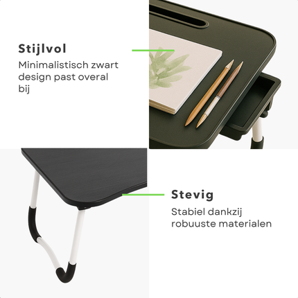 Cheqo® Opklapbare Laptoptafel - Ontbijt op Bed Tafel - Bedtafel met Tablethouder - Bank Tafeltje - Ontbijttafeltje - Banktafel - Zwart