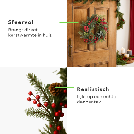 Cheqo® Kerstkrans Ø50 Cm - Rode Besjes - Bruine Dennenappels - Witte Afwerking - Licht Besneeuwd - Traditionele Kerstkleuren - Kerstdecoratie Interieur - Groene Dennennaaldjes - Eenvoudige Ophanging - Deurkrans - Rode Krans