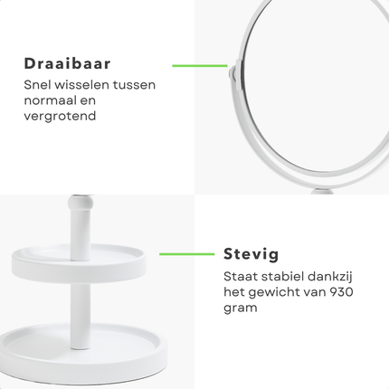 Cheqo® Make-Up Spiegel met Oganizer - Scheer Spiegel - Vergroot Spiegel - Makeup Spiegel met Houder - Wit - Dubbelzijdig - Metaal