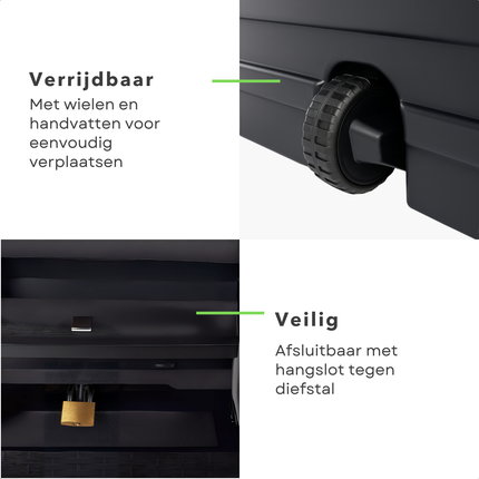 Cheqo® Opbergbox Tuin 310L – Tuinkussenbox met Deksel & Wielen – Kunststof Kussenbox Buiten – Zwarte Wickerlook – Weerbestendig – Verrijdbare & Afsluitbare Tuin Opbergkist – Duurzame Opbergbox Balkon & Garage