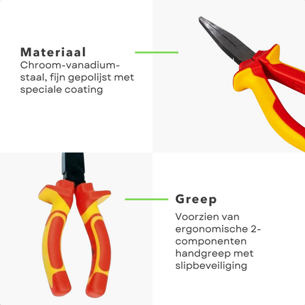 Cheqo® VDE platbektang (160mm) - Professionele kwaliteit - Voor werkzaamheden tot 1000V AC en 1500V DC - Ergonomische 2-componenten greep - Chroom Vanadium Staal - Veilig - Platte Tang - Elektra - Electro - Tang Combinatie tangen