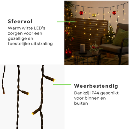 Cheqo® Ijspegel Verlichting - LED Ijspegel - Warm Wit Licht - 180 LED Lampjes - 6 Meter Lang - Lichtgordijn - Binnen En Buiten - IP44 Adapter - Kerstverlichting - Energiezuinig - Decoratieve Verlichting - Raamdecoratie - Muurdecoratie