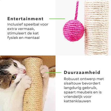 Cheqo® Compacte Krabpaal - 35 cm hoog - Met Speelbal en Sisaltouw - Krabpaal voor Katten - Kleine Katten - Grote Katten - Kattenspeelgoed - Kattenpaal - Extra Sterk Krabpalen