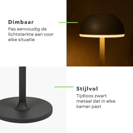 Cheqo® Dimbare Tafellamp - Usb Oplaadbaar - Zwart Metaal - 3 Kleur Modes - LED Warm Wit - Tafellamp Met Batterij - Tafel Lamp - Nachtlamp - Draagbare Lamp - Verstelbare Helderheid - Energiezuinige LED - Tafellamp Voor Bureau