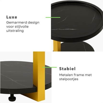 Cheqo® Moderne Bijzettafel - Bijzet Tafel Zwart Goud - Goudkleurig Metalen Frame - MDF Plateau - Zwart Gemarmerd - Ronde Bijzettafel - Stijlvolle Bijzettafel - Bijzettafel Woonkamer - Luxe Design - Moderne Uitstraling - Compacte Bijzettafel