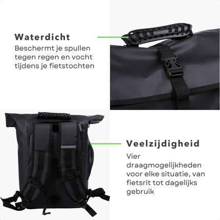 Cheqo® Waterdichte Fietsrugzak 25L - Fiets Rugzak - Fietstas Enkel - Multifunctioneel - Rol Top - Ideaal voor Woon-werkverkeer