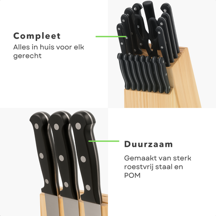 Cheqo® 22-delige Messenset met Houten Messenblok – RVS Keukenmessen Set – Koksmes & Santokumes – Broodmes & Vleesmes – Keukenschaar Inbegrepen – Duurzaam & Ergonomisch – Veilig & Compact Opbergen