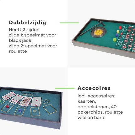 Cheqo® 2-in-1 Casino Speeltafel - Pokertafel - Roulette en Blackjack - Dubbelzijdig Speelmat - Inclusief Kaarten, Dobbelstenen, Pokerchips, Roulette Wiel & Hark - MDF Plaatmateriaal - 52 x 32 x 6.5 cm - Speelkleed - Gezelschapsspel Spellen