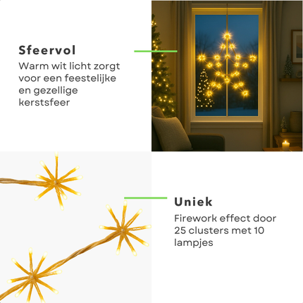 Cheqo® Kerstster 250 Led - Warm Wit Licht - Ø60cm Kerstdecoratie - Binnen En Buiten Gebruik - IP44 Beschermwaarde - Firework Effect Verlichting - 5 Meter Aansluitsnoer - Verlichte Kerstster - Blikvanger Kerstverlichting - Clusterverlichting