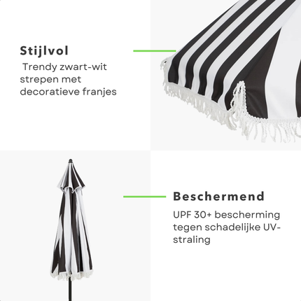 Cheqo® Parasol - Tuinparasol - Tuinparaplu - Strandparasol - Balkon Parasol - Camping Parasol - Gestreepte Parasol - Zwart Wit Parasol - Parasol Met Franjes - Parasol Met Draagtas - Kantelbare Parasol - Verstelbare Parasol - Parasol Uv Bescherming