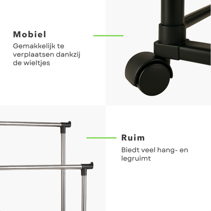 Cheqo® Dubbel Kledingrek op Wieltjes - Garderoberek - Kapstok - Kleding Rek - Kledingstang Verstelbaar & Mobiel - Metaal