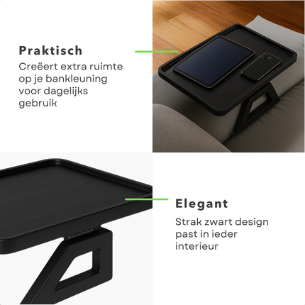 Cheqo® Armleuning Dienblad - Zwart Bamboe - Antislip Functie - Sofa Dienblad - Banktafel Dienblad - Opvouwbaar Dienblad - Bamboe Materiaal - Zwart Kleur - Bank Armleuning - Armleuning Tafel