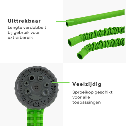 Cheqo® Flexibele Tuinslang Set 10-20M – Elastische Uitrekbare Slang – Lichtgewicht Kunststof – Sproeikop met 7 Standen – Koppelstuk Meegeleverd – Tuinbewatering – Ruimtebesparend Ontwerp – Tuin Onderhoud