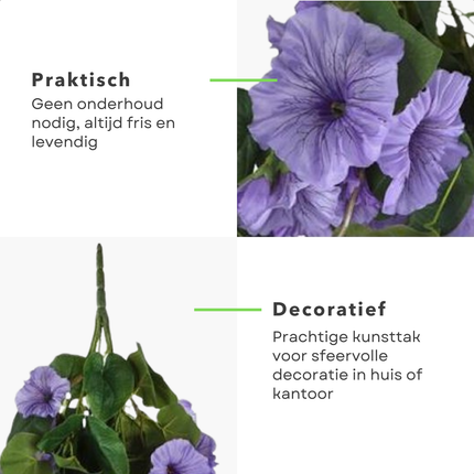 Cheqo® Hangende Kunstbloem Petunia - Hangende Plant - Klimop - Decoratieve Kunsttak - Paars Groen - Perfect voor Interieur