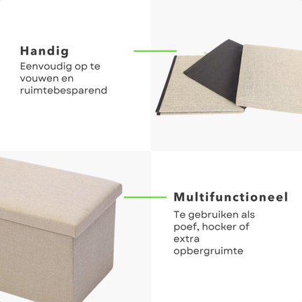 Cheqo® Opvouwbare Poef Met Opbergruimte - Beige - Grote Opbergbox - Organizer - Voetenbankje - Hocker - MDF en Katoen