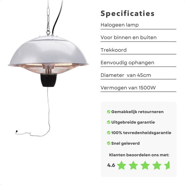 Cheqo® Terrasverwarmer Hangend - Partytent Heater - Terrasverwarming - Halogeen 1500W - IPX4 Waterbestendig - Zilver - Voor Binnen en Buiten