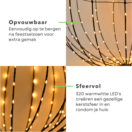 Cheqo® Kerstverlichting Lichtbol - Metaal - 320 LED's - Timer - Extra Warm Wit - Diameter 50 cm - Aanloopsnoer van 300 cm - Opvouwbaar - Voor Binnen en Buiten - Kerstverlichting - Kerstlampjes - Sfeerverlichting - Kerstbol Verlichte Kerstfiguren