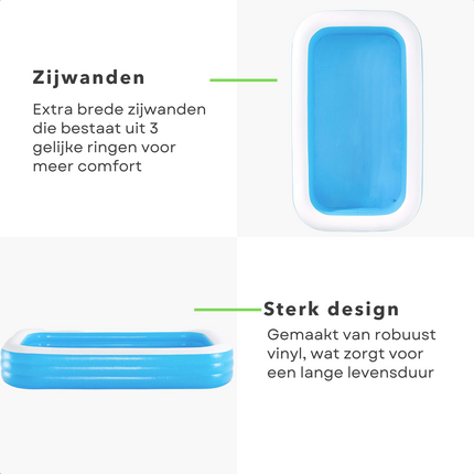 Cheqo® Familiebad - Extra Groot Zwembad - 305x183x56cm - 1161 liter - Incl. Reparatiepatch - Ideaal voor kinderen - Vanaf 6 jaar - Zwembad - Opblaasbaar - Zwembaden - Rechthoekig - Opblaasbad - Extra Brede Wanden - Incl. Reparatiepatch - Stevig Vinyl Opblaasbare Zwembaden