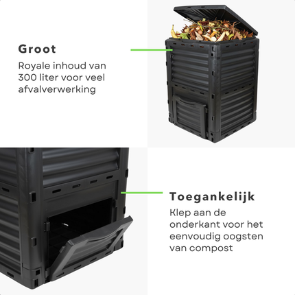 Cheqo® Compostvat 300 Liter - Compostbak - Composter - Afval Recyclen - Vierkant Model - Kunststof Compostbak - Compostton - Kompostvat - Zwart Kunststof - Groente- En Fruitafval - Tuinafval Composteren - Afvalbak Compost