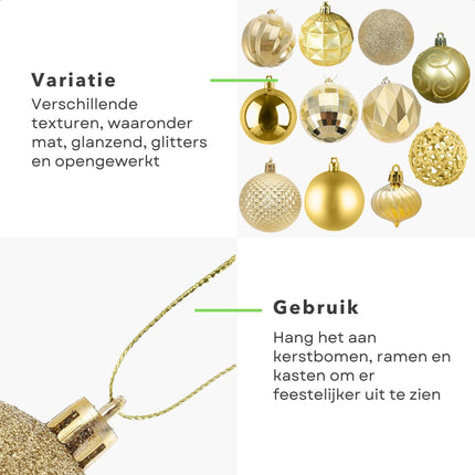 Cheqo® Gouden Kerstballen Set - 60 stuks - Kunststof - Kerstboomversiering - Kerstversiering - Onbreekbaar - Verschillende Formaten & Designs - Kerstboom - Kerstballenset - Kerstdecoratie - Kerst - Christmas Kerstballen
